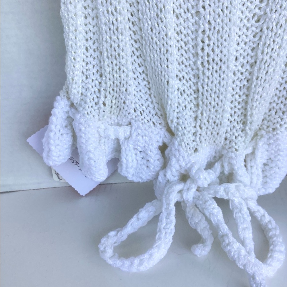 Crop Top Hand Crafted Crochet Halter White Ribbed Tank Boho Ruffle Crystals - Picture 8 of 16
